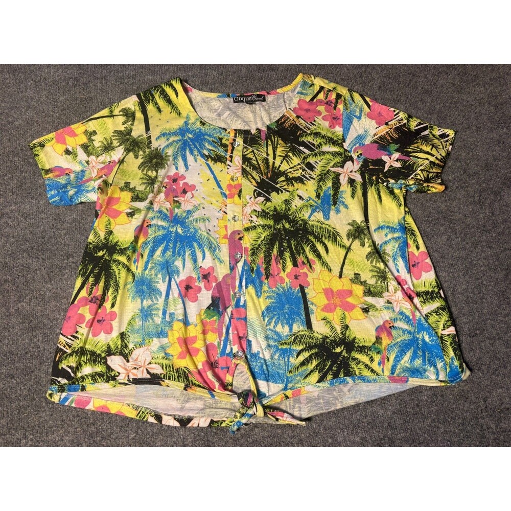 Onque Casual Top Womens 2X Tropical Short Sleeve Colorful Rhinestones Shirt